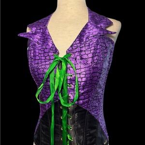 Purple and Green Reptile Corset‎ Sleeveless Tailored Jacket with Tails Size L